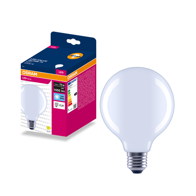 LED Globe 95 75 Filament 7.5W 4000K Frosted E27 Fotografie combinată = Fotografiede prezentare + Imagine cu ambalaj