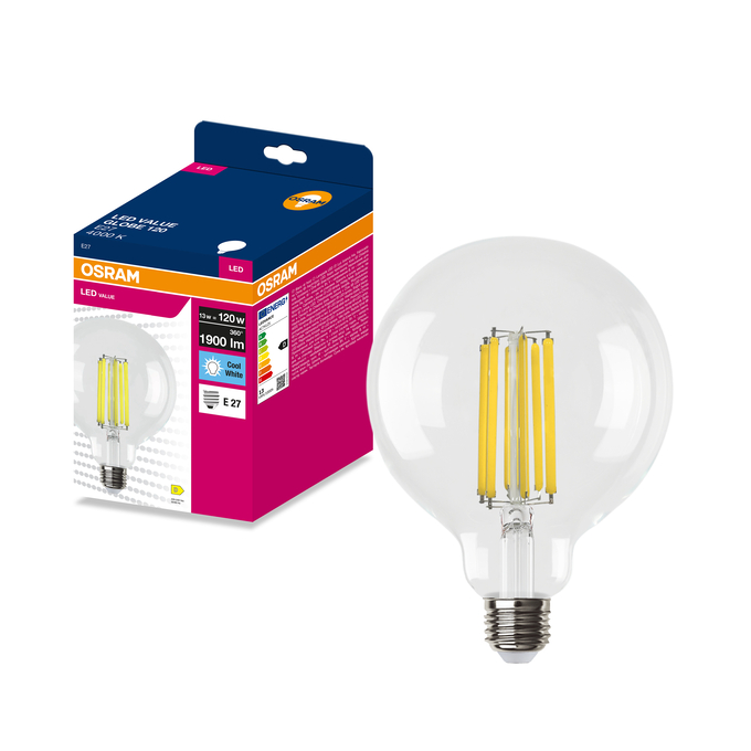 LED Globe 125 120 Filament 13W 4000K Clear E27 Fotografie combinată = Fotografiede prezentare + Imagine cu ambalaj