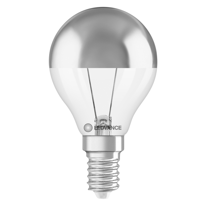 LED CLASSIC P 35 DIM COB P 3.4W 827 Mirror silver E14 white, upright, LEDVANCE logo