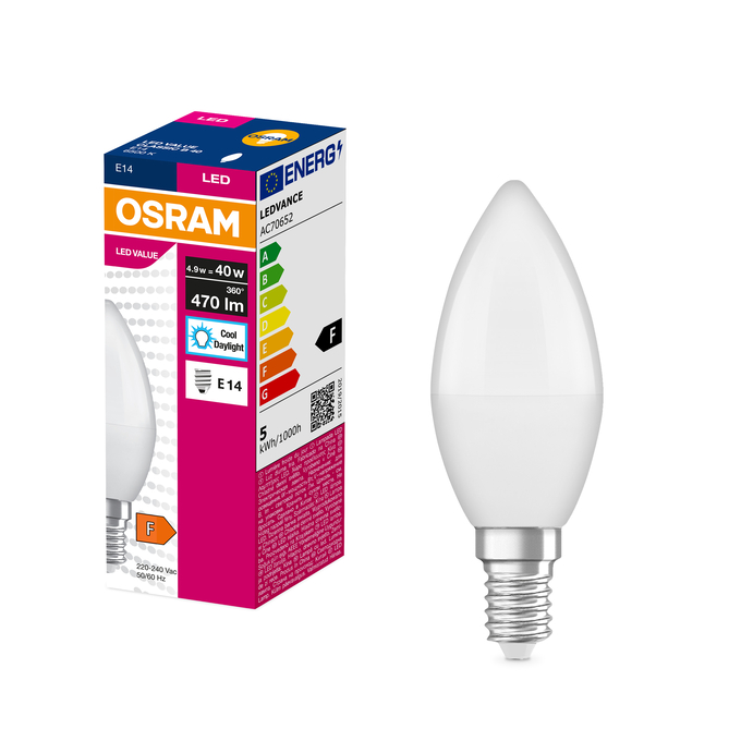 VALUE CLAS B 40 FR 4.9 W/6500 K E14  Fotografie combinată = Fotografiede prezentare + Imagine cu ambalaj