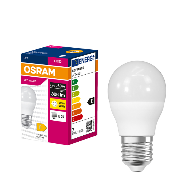 LED VALUE CLAS P 60  6.5W/3000K E27 Kombinirani snimak = Slika proizvoda + slika pakiranja