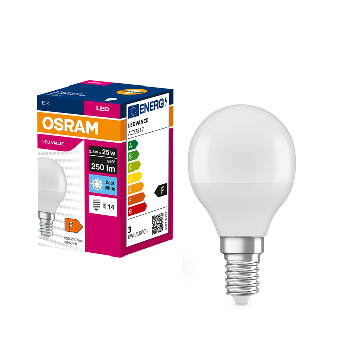 LED VALUE CLAS P 25  2.5W/4000K E14 Kombinirani snimak = Slika proizvoda + slika pakiranja