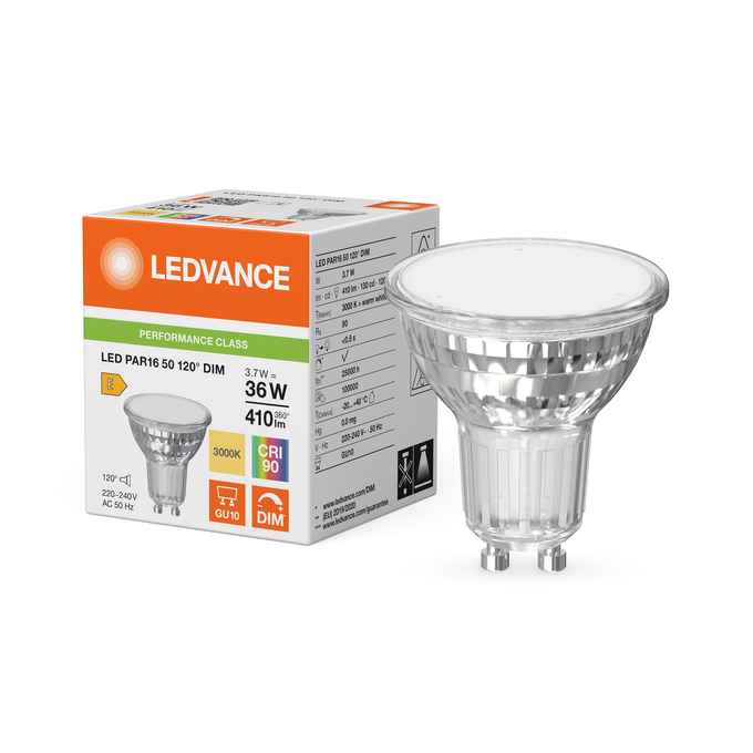 LED PAR16 50 120° DIM P 3.7W 930 GU10 Fotografie combinată = Fotografiede prezentare + Imagine cu ambalaj