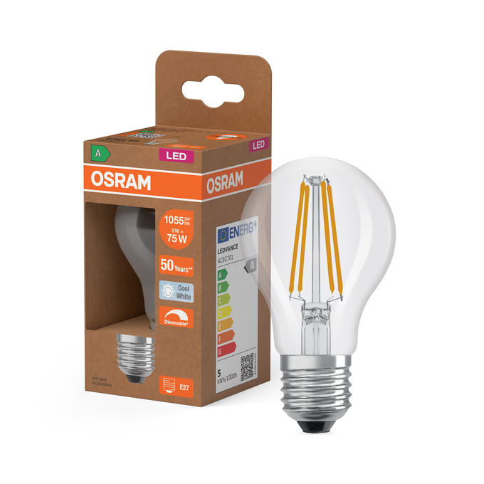 LED Classic A 75 Filament  DIM Energy efficiency class A 5W 840 Clear E27 Combo Shot = Product Beauty Shot + Packaging Image