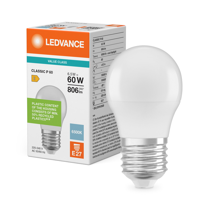 LED Classic P 60 V 6.5W 865 Frosted E27 Fotografie combinată = Fotografiede prezentare + Imagine cu ambalaj