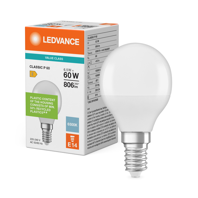 LED Classic P 60 V 6.5W 865 Frosted E14 Kombinirani snimak = Slika proizvoda + slika pakiranja