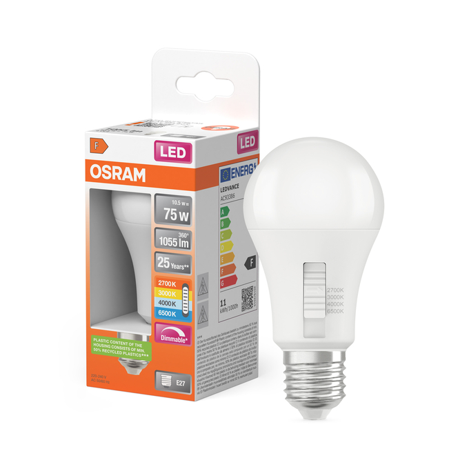 LED Classic A 75 DIM CCT Select 10.5W 827/830/840/865 Frosted E27 Fotografie combinată = Fotografiede prezentare + Imagine cu ambalaj