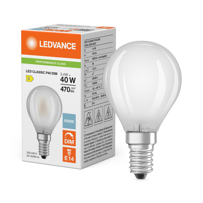 LED Classic P 40 Filament DIM P 3.4W 865 Frosted E14 Fotografie combinată = Fotografiede prezentare + Imagine cu ambalaj