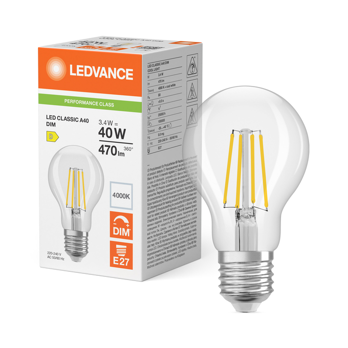 LED Classic A 40 Filament DIM P 3.4W 840 Clear E27 Fotografie combinată = Fotografiede prezentare + Imagine cu ambalaj