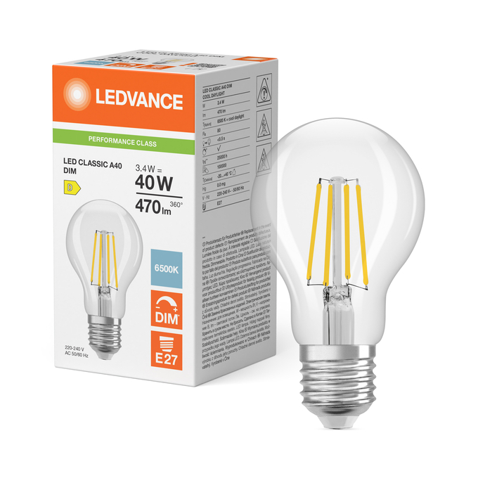 LED Classic A 40 Filament DIM P 3.4W 865 Clear E27 Fotografie combinată = Fotografiede prezentare + Imagine cu ambalaj