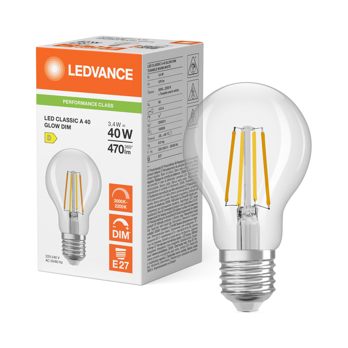 LED CLASSIC A 40 Filament GLOW DIM P 3.4W 930…922 Clear E27 Fotografie combinată = Fotografiede prezentare + Imagine cu ambalaj