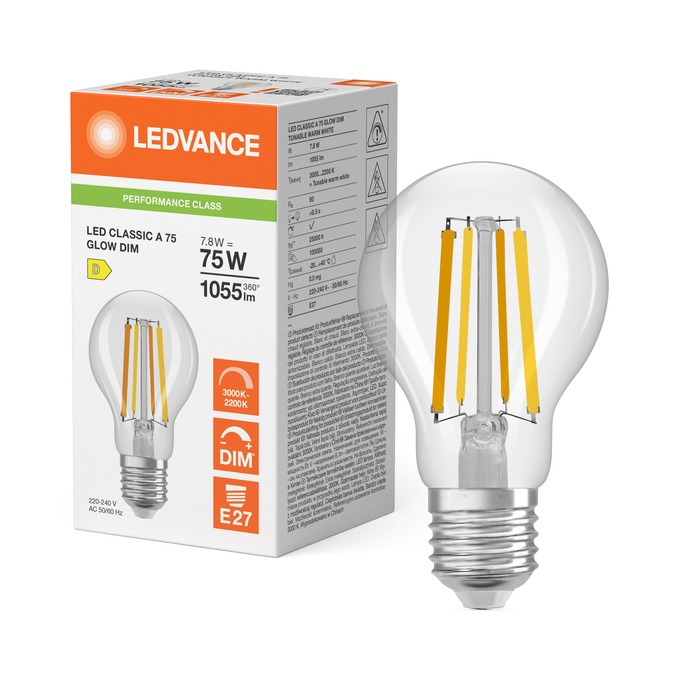 LED CLASSIC A 75 Filament GLOW DIM P 7.8W 930…922 Clear E27 Fotografie combinată = Fotografiede prezentare + Imagine cu ambalaj