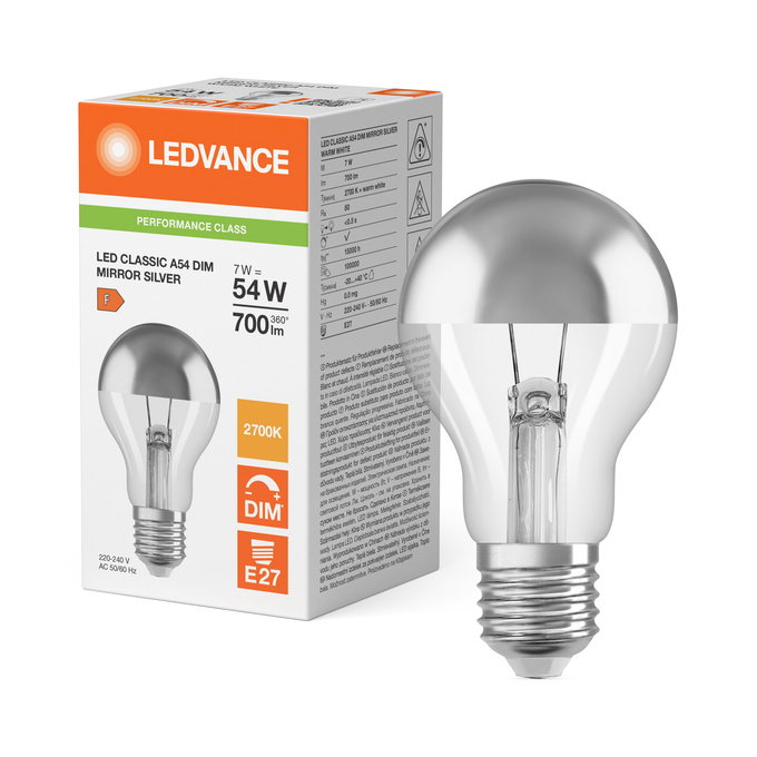 LED CLASSIC A 54 DIM COB P 7W 827 Mirror Silver E27 Kombinirani snimak = Slika proizvoda + slika pakiranja