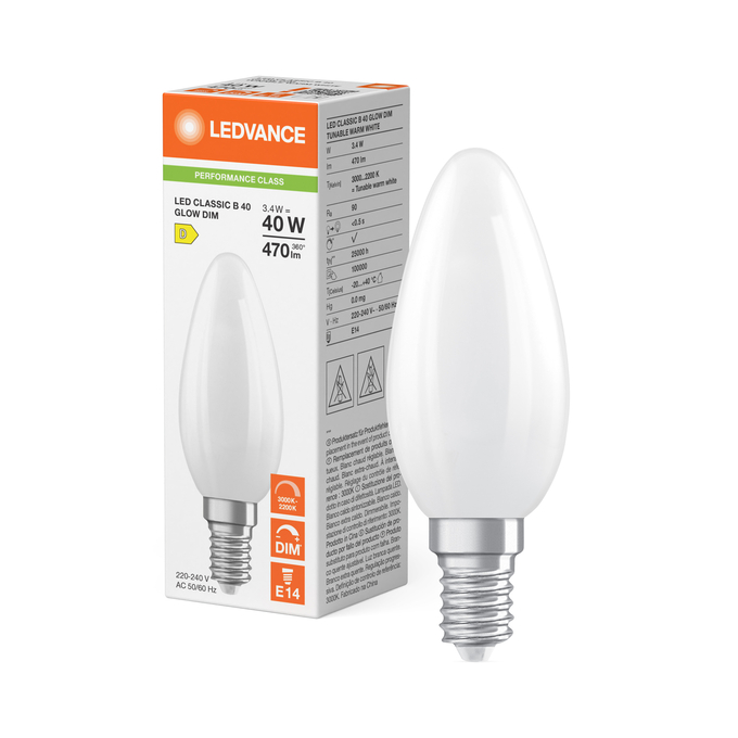 LED CLASSIC B 40 Filament GLOW DIM P 3.4W 930…922 Frosted E14 Fotografie combinată = Fotografiede prezentare + Imagine cu ambalaj