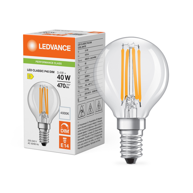 LED Classic P 40 Filament DIM P 3.4W 840 Clear E14 Fotografie combinată = Fotografiede prezentare + Imagine cu ambalaj
