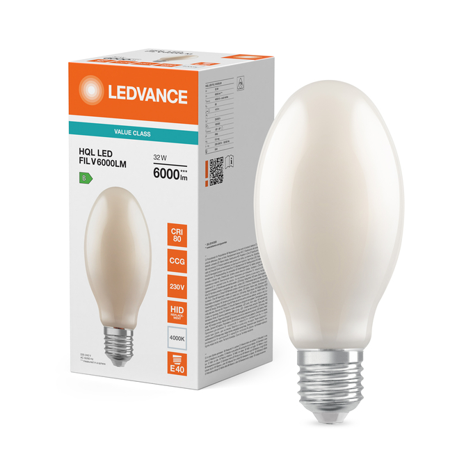 HQL LED FILAMENT VALUE 6000LM 32W 840 E40 Fotografie combinată = Fotografiede prezentare + Imagine cu ambalaj