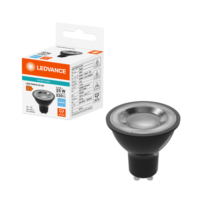 LED VALUE PAR 16 35 36° 2.8W/6500 K GU10 Fotografie combinată = Fotografiede prezentare + Imagine cu ambalaj
