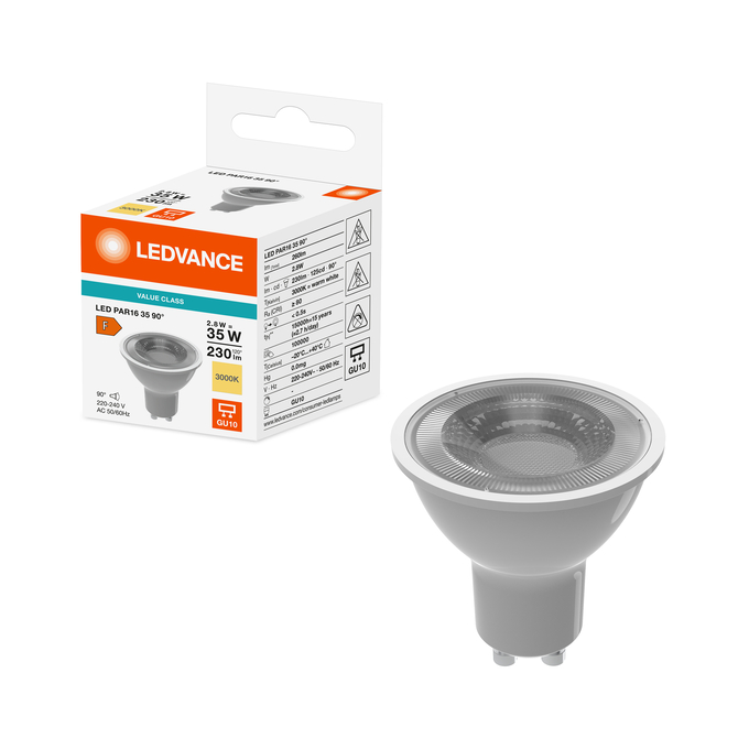 LED VALUE PAR 16 35 90° 2.8W/3000 K GU10 Fotografie combinată = Fotografiede prezentare + Imagine cu ambalaj