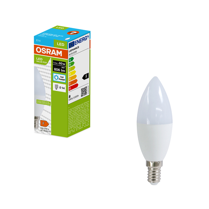 LED Recycled Plastic Classic B 60 7.5W/6500K E14 Fotografie combinată = Fotografiede prezentare + Imagine cu ambalaj