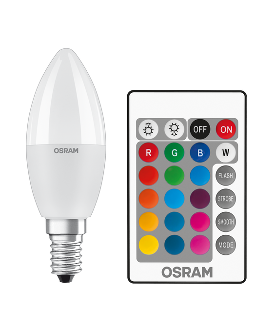 ST CLAS B 40 RGBW 5.5 W/2700 K E14 FR white, upright, OSRAM logo
