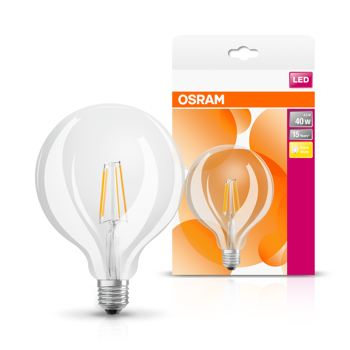 LED Star Globe 125 40 Filament 4W 827 Clear E27  Fotografie combinată = Fotografiede prezentare + Imagine cu ambalaj