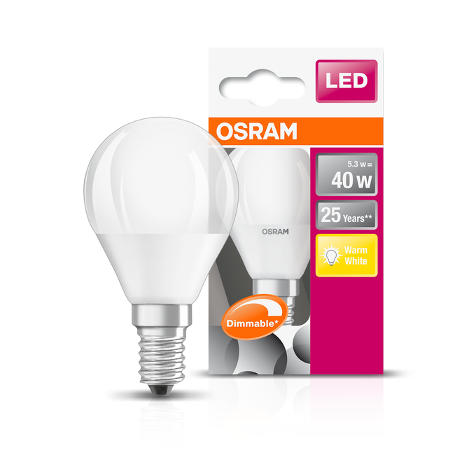 SST CLAS P 40 DIM 5 W/2700 K E14 CS Combo Shot = Product Beauty Shot + Packaging Image