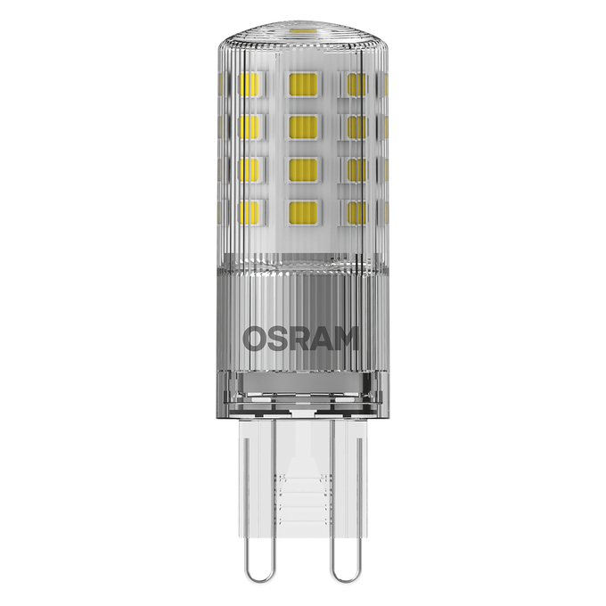 LED PIN 50 320° DIM 4.4W 827 Clear G9 white, upright, OSRAM logo