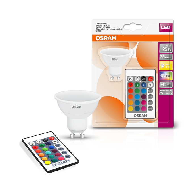 ST PAR 16 25 120 ° 4.5 W/2700 K GU10 FR Combo Shot = Product Beauty Shot + Packaging Image